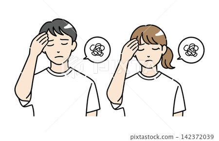 一組插圖,描繪了身著便服的年輕男女,他們神情憂鬱,雙手抱頭。 一組插圖,描繪了身著便服的年輕男女,他們神情憂鬱,雙手抱頭。 142372039