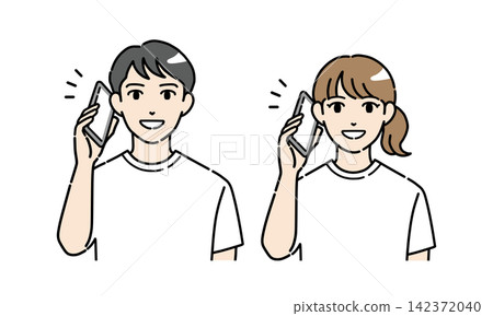 A set of illustrations of young men and women in casual clothes talking on their smartphones. 142372040
