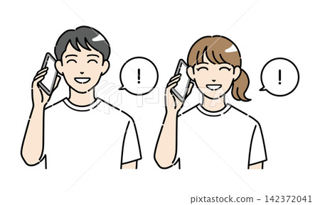 一組插圖,描繪了一對穿著休閒服的年輕男女微笑著打電話。 一組插圖,描繪了一對穿著休閒服的年輕男女微笑著打電話。 142372041
