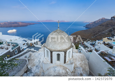 Santorini Church Dome Over Caldera Sea View in Greece 142372070