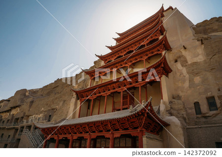 Ancient Chinese Temple Facade at Desert Cave Monastery Ancient Chinese Temple Facade at Desert Cave Monastery 142372092
