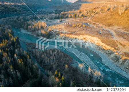 Aerial Mountain River Valley at Golden Hour Aerial Mountain River Valley at Golden Hour 142372094