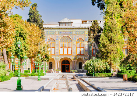 Persian Palace Facade with Colorful Tiles and Garden Persian Palace Facade with Colorful Tiles and Garden 142372117