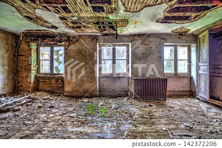 Abandoned Building Interior with Decayed Ceiling and Broken Windows Abandoned Building Interior with Decayed Ceiling and Broken Windows 142372206