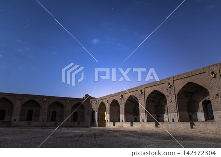 Historic Brick Courtyard Under Starry Night Sky Historic Brick Courtyard Under Starry Night Sky 142372304
