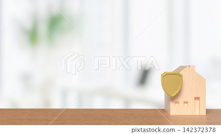 Wooden House with Golden Shield Protection Concept 3d render. Wooden House with Golden Shield Protection Concept 3d render. 142372378