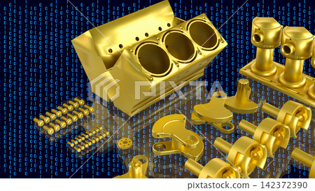 Golden Automotive Engine Parts With Binary Code 3d render. Golden Automotive Engine Parts With Binary Code 3d render. 142372390