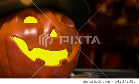 Glowing Halloween Pumpkin Wearing a Green Top Hat 3d render. Glowing Halloween Pumpkin Wearing a Green Top Hat 3d render. 142372393