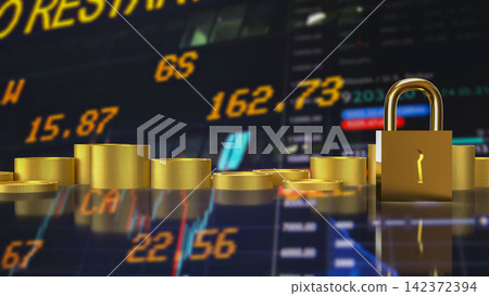 Golden Padlock Protecting Financial Investments 3d render. Golden Padlock Protecting Financial Investments 3d render. 142372394
