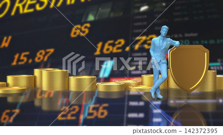 Businessman Protecting Investments With Golden Shield 3d render. 142372395