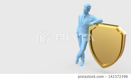 Confident Businessman Standing Beside Golden Shield 3d render. Confident Businessman Standing Beside Golden Shield 3d render. 142372396