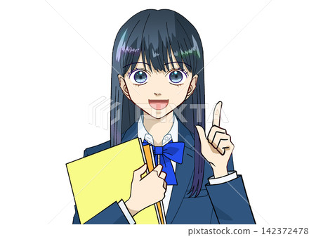 一幅動漫風格的插圖,描繪了一名女學生手持書或筆記本,面帶微笑,指著前方,背景為白色。 一幅動漫風格的插圖,描繪了一名女學生手持書或筆記本,面帶微笑,指著前方,背景為白色。 142372478
