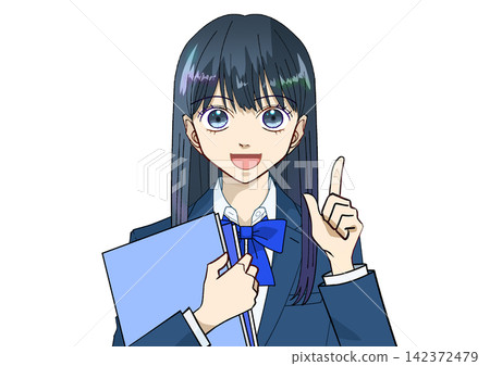 An anime-style illustration of a female student holding a book or notebook, smiling and pointing, against a white background. An anime-style illustration of a female student holding a book or notebook, smiling and pointing, against a white background. 142372479