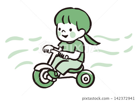 女孩騎三輪車的插圖 | 兒童和幼兒在戶外、公園和車輛中玩耍 142372941