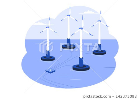 Vector Floating Offshore Deep-Sea Wind Turbine Farm Clean Energy Isolated Vector 142373098