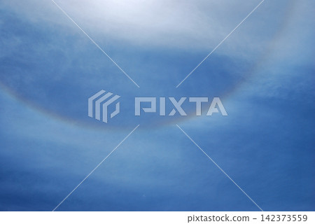彩虹般的雲層和太陽光暈 彩虹般的雲層和太陽光暈 142373559
