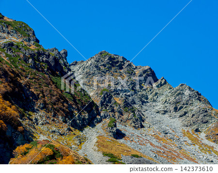 九月下旬,晴朗的藍天下,北穗高山崎嶇的山頂和北穗高山小屋的特寫。 九月下旬,晴朗的藍天下,北穗高山崎嶇的山頂和北穗高山小屋的特寫。 142373610