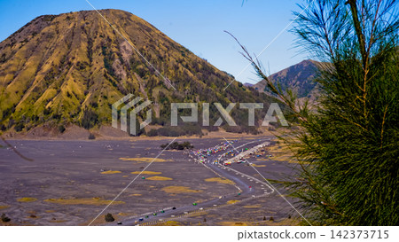 Beautiful morning view of Mount Bromo and Mount Semeru, East Java, Indonesia. 142373715