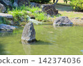 A healing natural breeze reflected in the garden pond surrounded by rocks and greenery, and its calm surface. 142374036