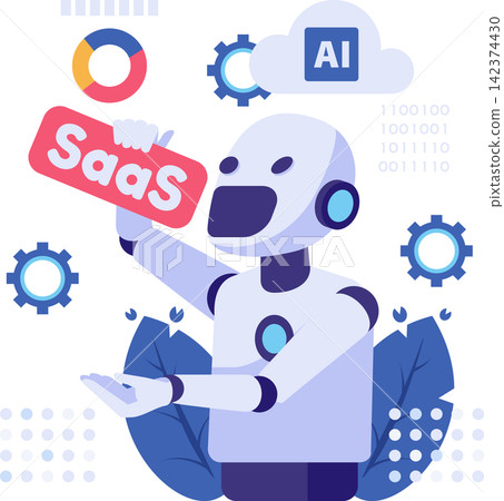 AI Disrupting SaaS Concept with Robot Consuming SaaS Symbol AI Disrupting SaaS Concept with Robot Consuming SaaS Symbol 142374430