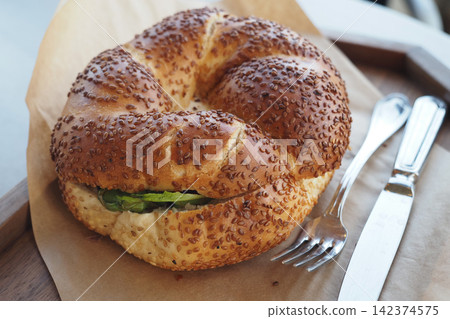 Sesame seed bread on a tray Sesame seed bread on a tray 142374575