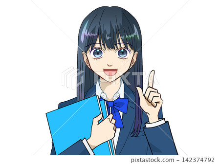 An anime-style illustration of a female student smiling and pointing while holding a light blue book or notebook, against a white background. An anime-style illustration of a female student smiling and pointing while holding a light blue book or notebook, against a white background. 142374792