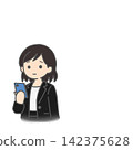 A woman in a black suit with an expressionless face using her smartphone. 142375628