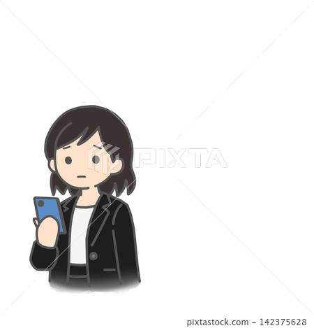 一名身穿黑色西裝、面無表情的女子正在使用智慧型手機。 一名身穿黑色西裝、面無表情的女子正在使用智慧型手機。 142375628