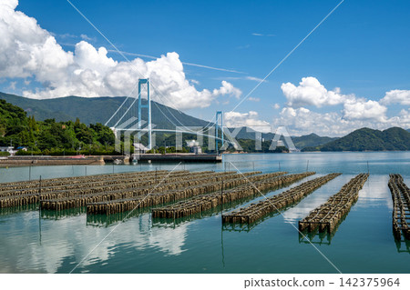 Akinada Bridge and oyster farming scenery Akinada Bridge and oyster farming scenery 142375964