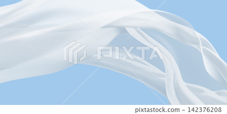 Luxury cloud dancer white sheer fabric flowing on soft blue background 3D render 142376208