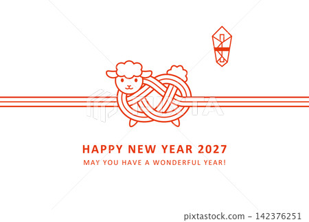 2027年羊年:以日本傳統裝飾繩為風格的可愛綿羊主題新年賀卡設計。 2027年羊年:以日本傳統裝飾繩為風格的可愛綿羊主題新年賀卡設計。 142376251