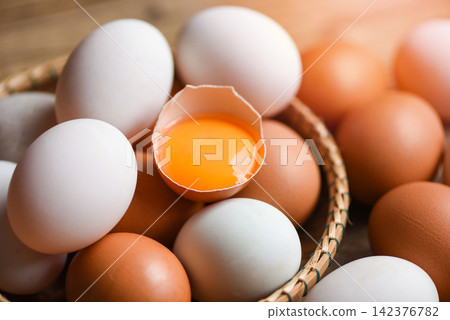 Chicken eggs and duck eggs in a basket / Fresh broken egg yolk Chicken eggs and duck eggs in a basket / Fresh broken egg yolk 142376782