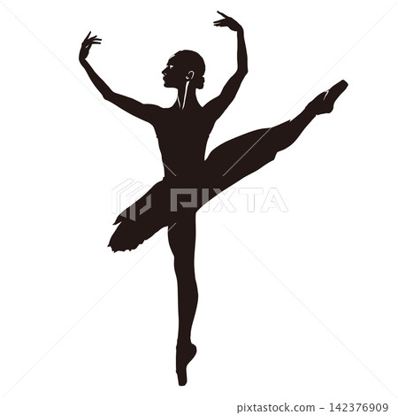黑色剪影勾勒出芭蕾舞者優美的站立姿態。 黑色剪影勾勒出芭蕾舞者優美的站立姿態。 142376909