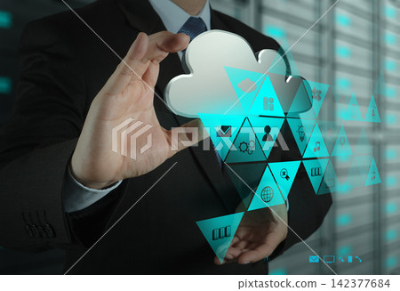 Cloud Computing Businessman Touching Futuristic Digital Interface Cloud Computing Businessman Touching Futuristic Digital Interface 142377684