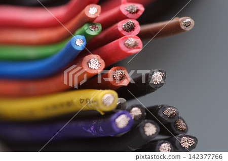 Electrical Wires Macro with Colorful Copper Cable Ends Electrical Wires Macro with Colorful Copper Cable Ends 142377766