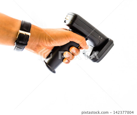 Barcode Scanner in Hand Isolated on White Background 142377804