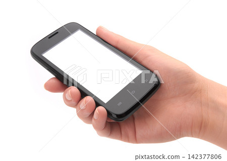 Hand Holding Smartphone with Blank White Screen Hand Holding Smartphone with Blank White Screen 142377806