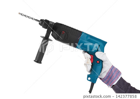 Electric Hammer Drill Held by Gloved Hand on White Background Electric Hammer Drill Held by Gloved Hand on White Background 142377858