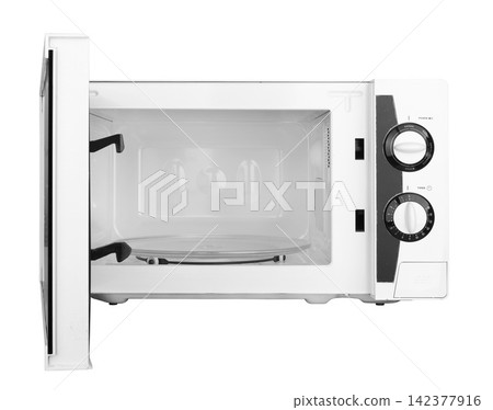Open White Microwave Oven Isolated on White Background Open White Microwave Oven Isolated on White Background 142377916