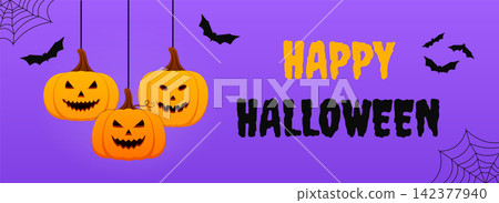 Happy Halloween Banner with Hanging Pumpkins and Bats Happy Halloween Banner with Hanging Pumpkins and Bats 142377940
