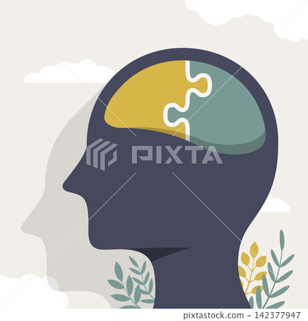 Human Head Profile with Jigsaw Puzzle Brain Pieces 142377947