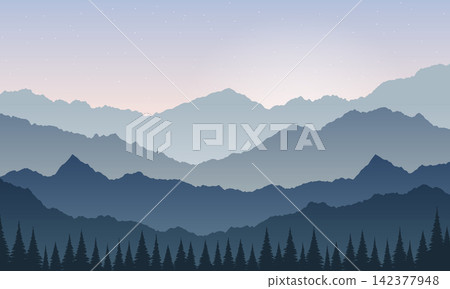 Mountain Peaks and Pine Forest Landscape Illustration 142377948