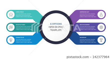 Horizontal Six Option Infographic Template with Center Circle Horizontal Six Option Infographic Template with Center Circle 142377964