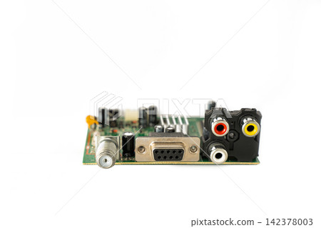 Electronic Circuit Board with Audio Video Ports Isolated on White Electronic Circuit Board with Audio Video Ports Isolated on White 142378003