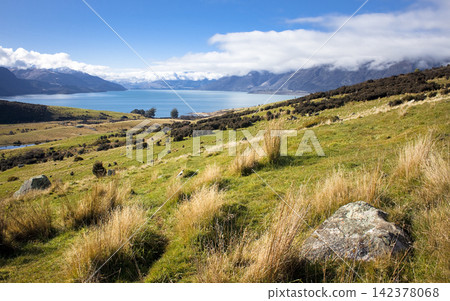 Panoramic Mountain Lake Landscape with Grassy Hillside Panoramic Mountain Lake Landscape with Grassy Hillside 142378068