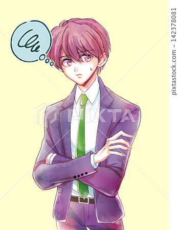 A man in a suit with his arms crossed, sweating. A man in a suit with his arms crossed, sweating. 142378081