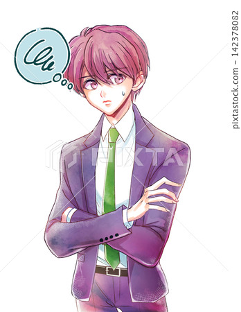 A man in a suit with his arms crossed, sweating. A man in a suit with his arms crossed, sweating. 142378082