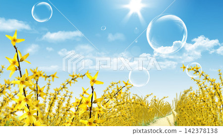 Spring Flowers with Bubbles Under Sunny Blue Sky Spring Flowers with Bubbles Under Sunny Blue Sky 142378138