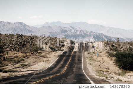 Desert Road Through Mountain Landscape with Joshua Trees Desert Road Through Mountain Landscape with Joshua Trees 142378230