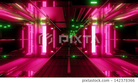 Neon Sci Fi Corridor with Pink and Green Futuristic Lights Neon Sci Fi Corridor with Pink and Green Futuristic Lights 142378366